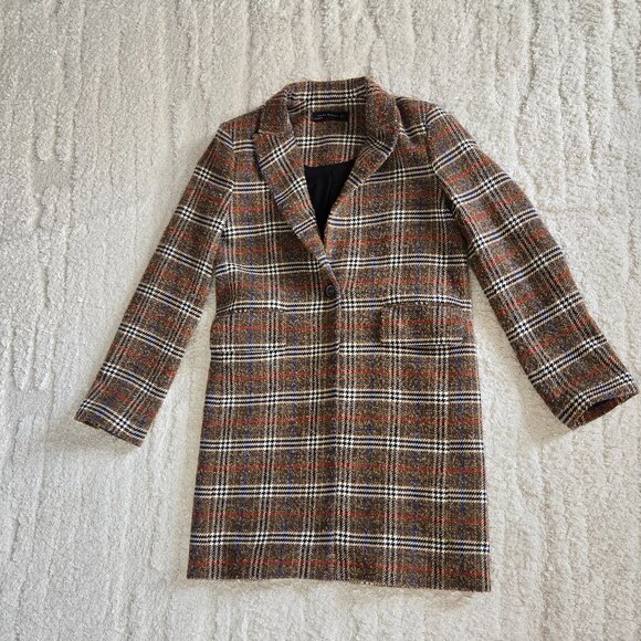 ZARA BROWN CHECKED SINGLE BREASTED WOOL & ALPACA COAT SIZE M - Picture 6 of 12